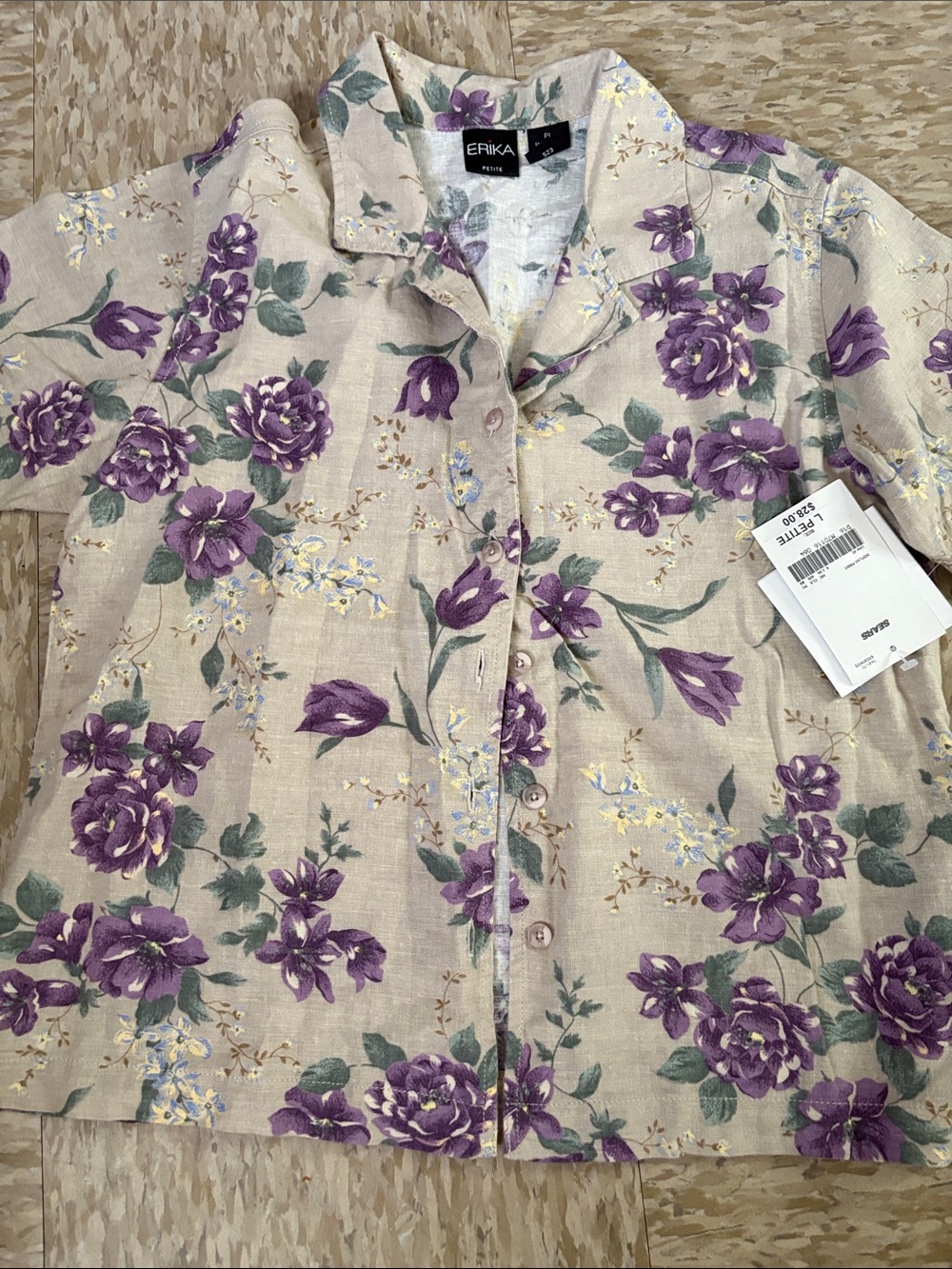 Erika Beige Button-Front Top with Purple Floral Print